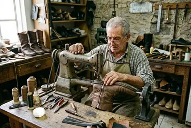 Sapateiro consertando o zíper de uma bota em Bagé.