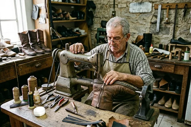 Sapateiro consertando o zíper de uma bota em Bagé.