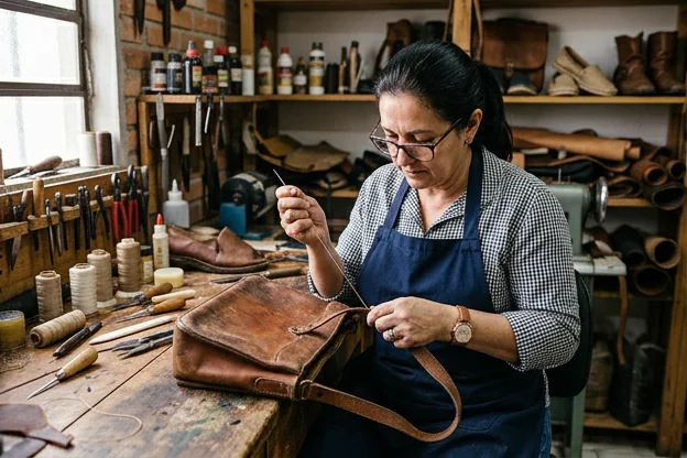 Profissional reformando uma bolsa de couro em Bagé.