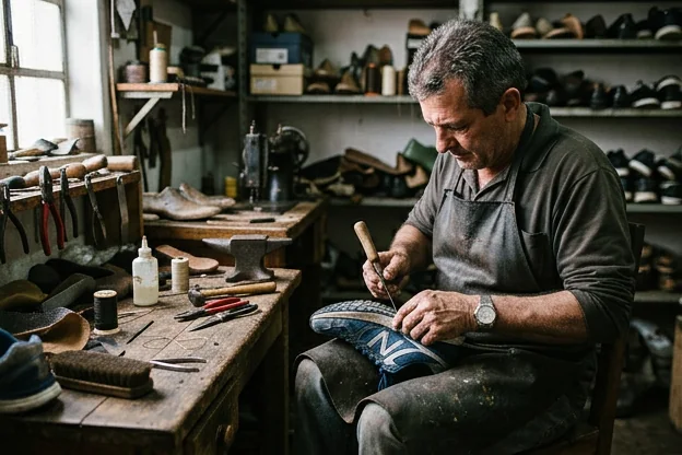 Sapateiro reparando um tênis em Bagé.